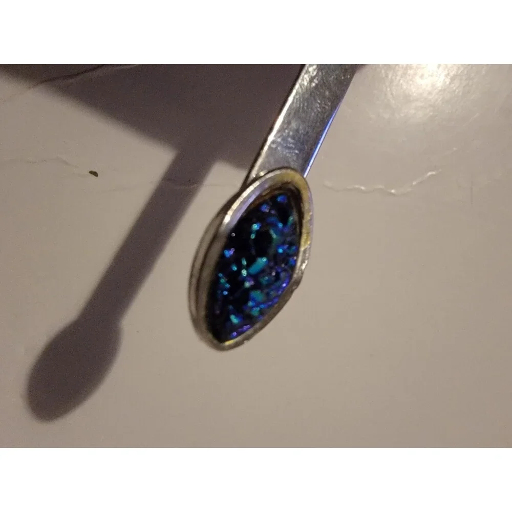 Vintage Silver Tone Horseshoe Tie Clip Blue Crystal Gemstone